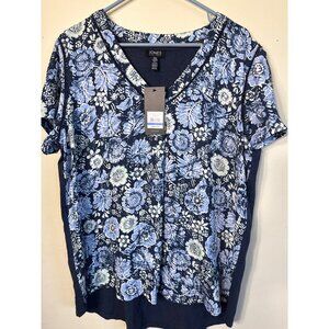 Jones New York XL Womens Blue Floral Short-Sleeve V-Neck Top 100% Cotton Back Po